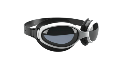 Sleek black and silver goggles with wide lenses, adjustable strap, isolated on black