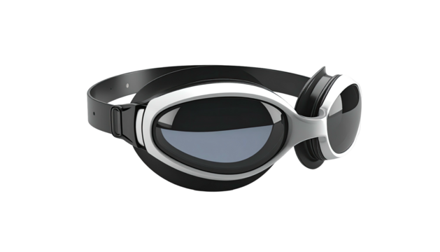 Sleek black and silver goggles with wide lenses, adjustable strap, isolated on black