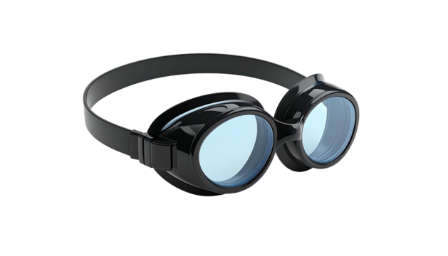 Sleek black protective eyewear with blue tinted lenses and adjustable strap