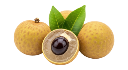 Isolated longan fruit still life showing whole fruits with leaves and cross section longan