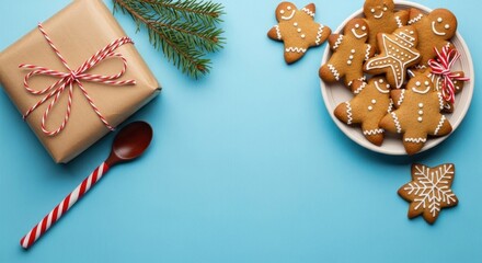 Gift, gingerbread cookies, pine sprig, and a spoon displayed on a bright blue background