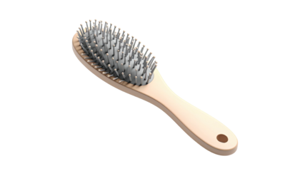 A beige oval-shaped hairbrush with metal bristles, handle, and hole against black