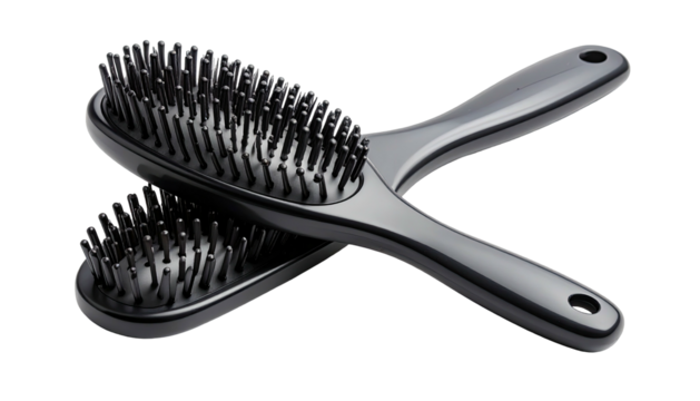 Two shiny black hair brushes, one resting atop the other, on a dark backdrop
