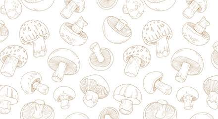 Obraz premium A delicate pattern of hand-drawn mushrooms in a light brown outline scattered across a white background for a natural and organic feel.