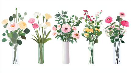Obraz premium Beautiful floral arrangements in vases showcase variety of colorful flowers, including roses, peonies, and greenery, creating vibrant atmosphere
