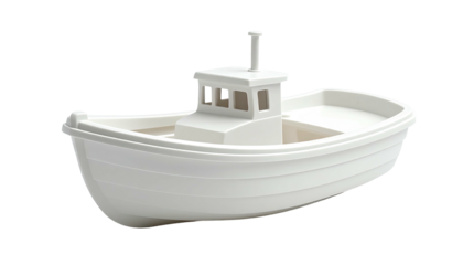 A white, minimalist model of a fishing boat with a cabin and antenna