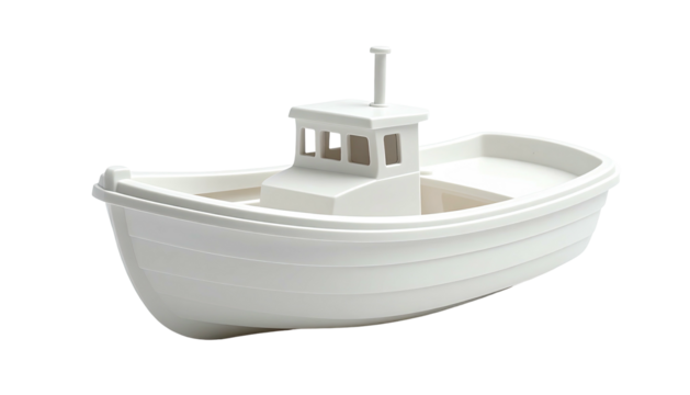 A white, minimalist model of a fishing boat with a cabin and antenna
