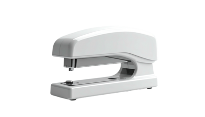 Clean, white stapler with a polished metal component on a stark black background
