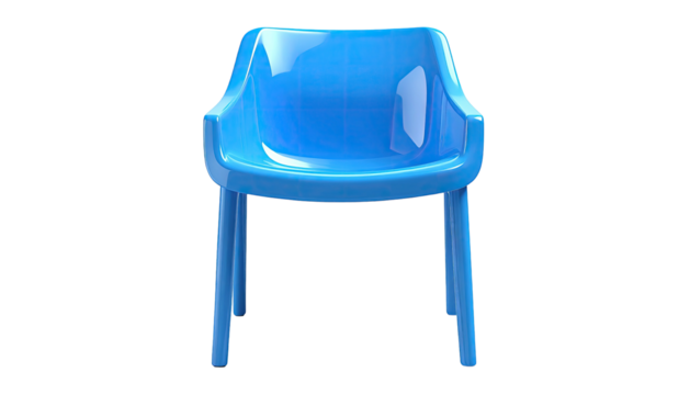 Vibrant blue plastic chair with high back and armrests, set against a black background