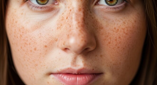 Close-up of a young person's face, displaying many freckles across the nose and cheeks, with prominent green eyes