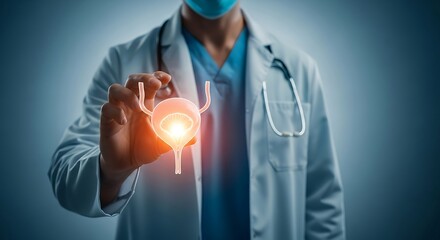 Urologist Doctor Holding a Glowing Bladder Icon for Urinary System Health. Concept for Cystitis, Bladder Cancer Diagnosis, and Advanced Medical Treatment.