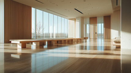 広々としたモダンなホール。木目の壁と床、大きな窓から差し込む柔らかな自然光と床に落ちる長い影。ミニマルで自然の光