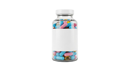 Isolated clear jar filled with blue, pink and yellow pills or capsules on a seamless backdrop