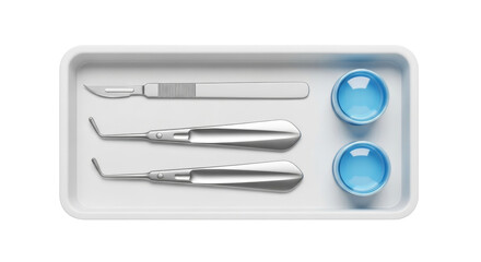 Isolated medical examination tray holds stainless steel dental instruments for procedures