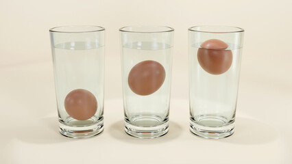 3D render of Egg in water test on transparent glass, Egg freshness test on white background, Bad egg floats in water © Suttiwan
