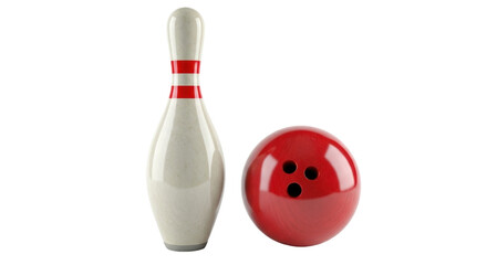 Isolated red bowling ball with three holes alongside a bowling pin with red stripes, game © Fernando