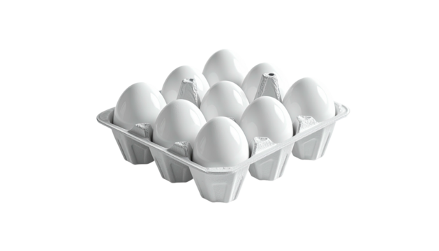 A dozen white eggs in a carton, positioned against a stark black background