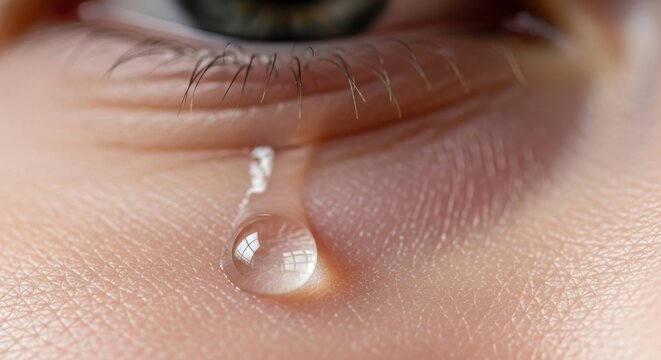 A close-up of an eye with a tear rolling down the skin. The eye reflects light. Fine lines are visible. Skin texture apparent