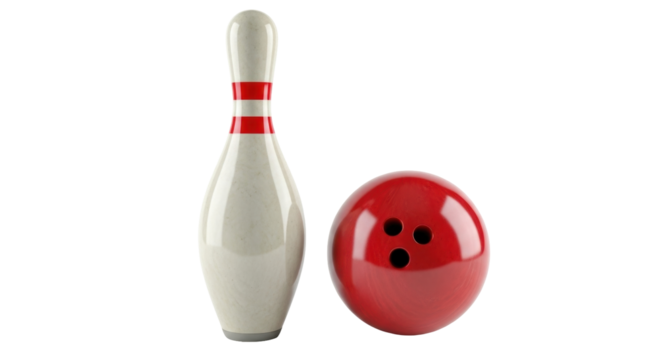 Isolated red bowling ball with three holes alongside a bowling pin with red stripes, game