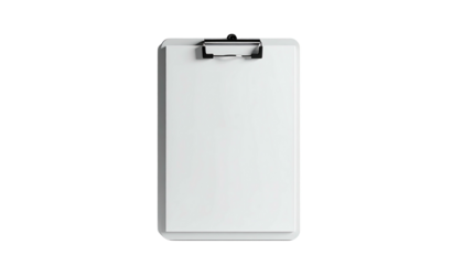 Simple overhead shot of a clean white clipboard against a stark black backdrop