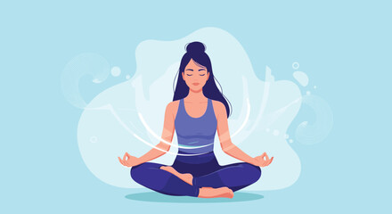 A woman in meditation surrounded by soft blue and white abstract shapes promoting tranquility and inner peace.