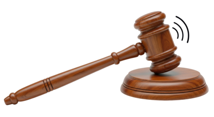 Isolated Gavel with Sound Waves, Wooden Courtroom Object, Judicial Symbol of Authority