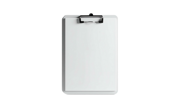 Simple overhead shot of a clean white clipboard against a stark black backdrop