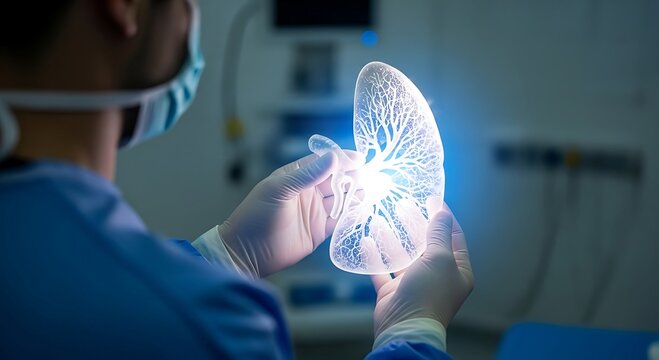 Futuristic healthcare concept with surgeon holding a glowing 3D lung model. Advanced medical technology for respiratory diagnosis, treatment, and pulmonary research. - Powered by Adobe