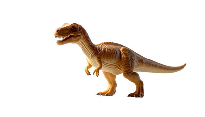 Toy Tyrannosaurus Rex, tan color, posed against a stark black background