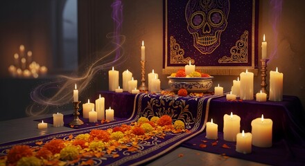 Day of the Dead Altar with Candles and Marigolds.