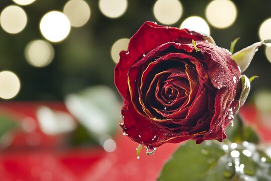 Closeup Dewy Red Rose Bokeh Background Romantic Flower