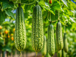 macro photo of ash gourd fruit on vine, hanging in daylight
