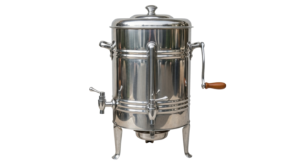 Isolated, shiny metal commercial coffee dispenser appliance for serving coffee at events