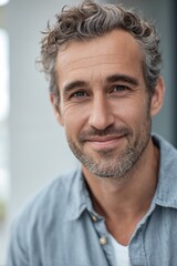 Obraz premium A close-up of a smiling man with tousled salt and pepper hair and light stubble wearing a blue shirt, captured in soft natural light against a blurred background