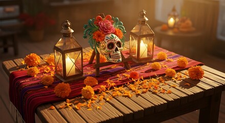 Day of the Dead Altar with Sugar Skull Marigolds and Lit Lanterns.