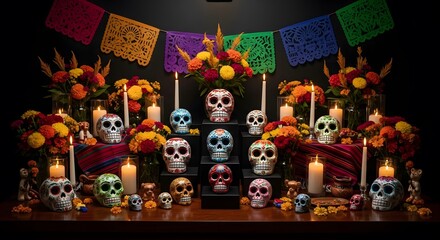 Dia De Los Muertos Altar With Skulls And Marigolds.