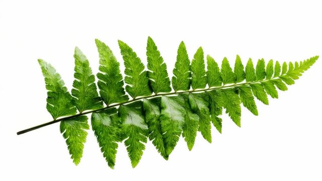 Single green fern leaf with fine texture and details, realistic style, isolated on white background. Concept of tropical foliage and botany