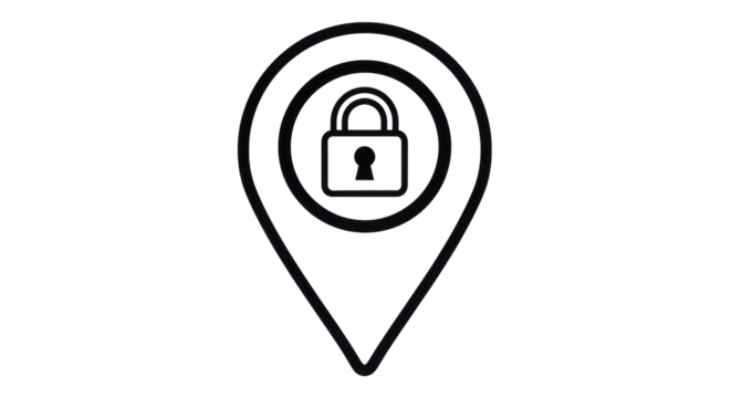 Isolated secure location pin, pointer icon. Map pointer with lock inside a security spot
