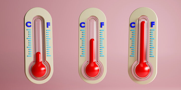 3D rendering of thermometer set with different levels on color background, temperature icon