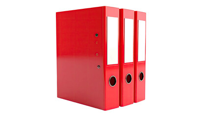 Three glossy red document binders stand upright against a black background