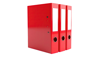 Three glossy red document binders stand upright against a black background