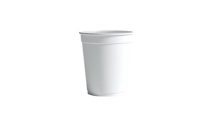 A plain, white plastic cup, isolated against a stark black background