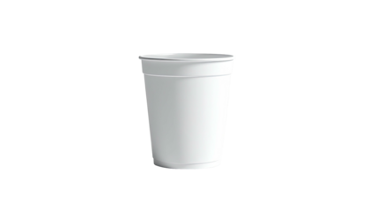 A plain, white plastic cup, isolated against a stark black background