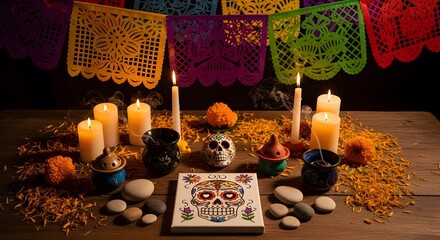 Day of the Dead Altar with Candles and Decorations.