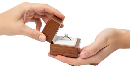 Obraz premium Isolated diamond ring presented in wood box, proposal of marriage, engagement ceremony