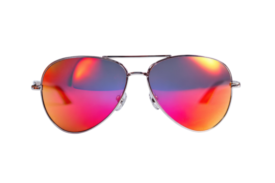 Stylish aviator sunglasses feature vibrant, iridescent lenses reflecting a spectrum of red, orange, and purple hues against a sleek transparent background. background removed