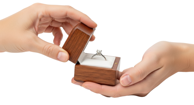 Isolated diamond ring presented in wood box, proposal of marriage, engagement ceremony