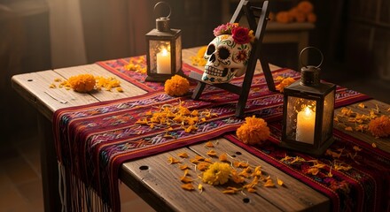 Traditional Day of the Dead Altar with Sugar Skull and Marigolds.