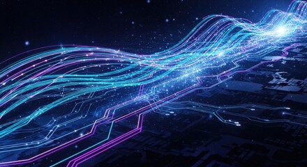 Abstract swirl of blue and purple light trails digital art flowing energy waves futuristic technology glow