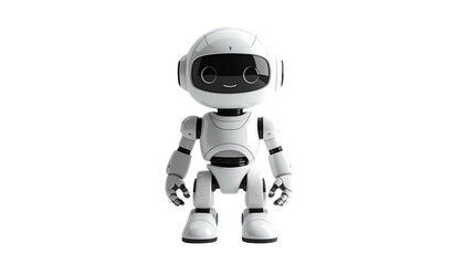 A friendly, white robot with a round head and smiling face stands upright